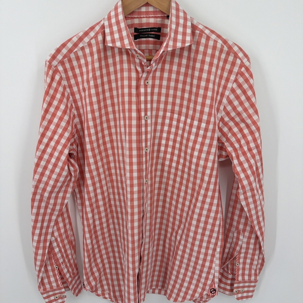 Hammer Made Cotton Button Up Shirt‎ 16.5/42 Peach Red Check Italian Fabric Italy